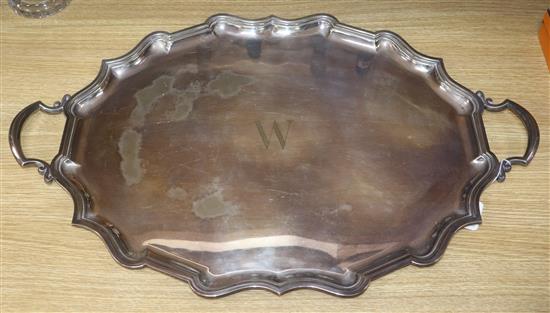 A large Elkington plated shaped oval two handled tray length 71cm